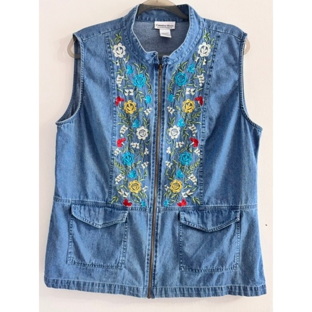 VTG Country Store Large Denim Floral Embroidered Full Zip Vest Blue Cotton